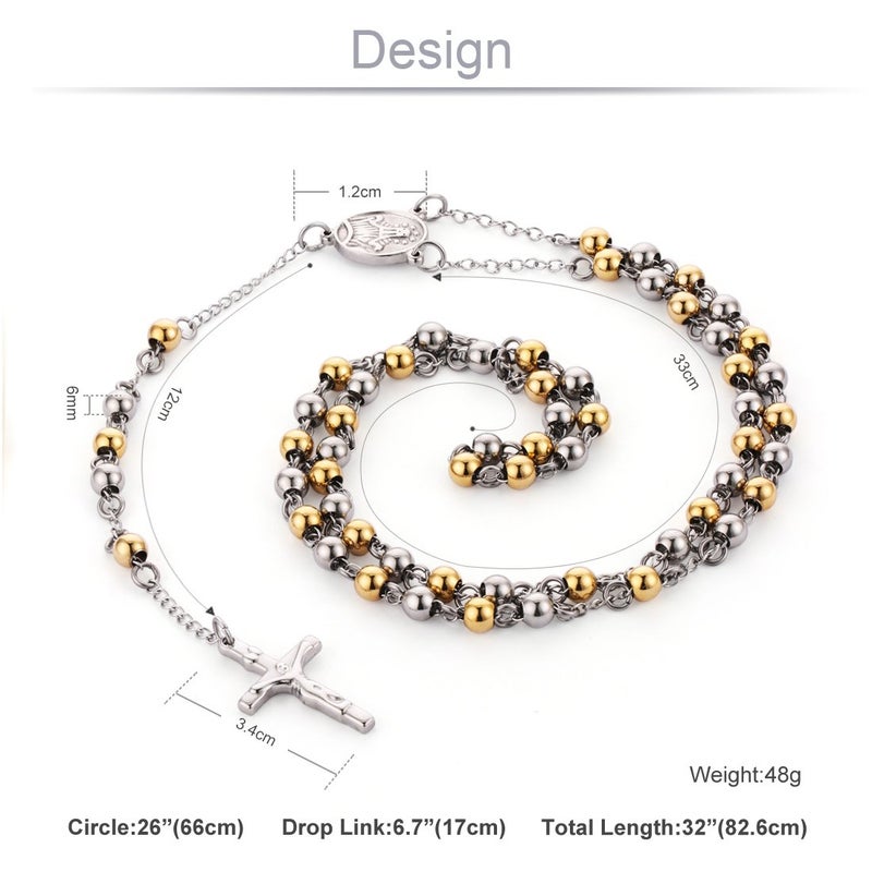 COTTVOTT Stainless Steel 6mm Beads Rosary Catholic Necklace Holy Medal & Crucifix 32inch(Golden Silver Tone) - Image 2